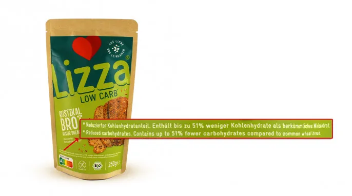 Verpackung des Lizza Low Carb Rustikal Brots mit Hinweis auf "low carb"