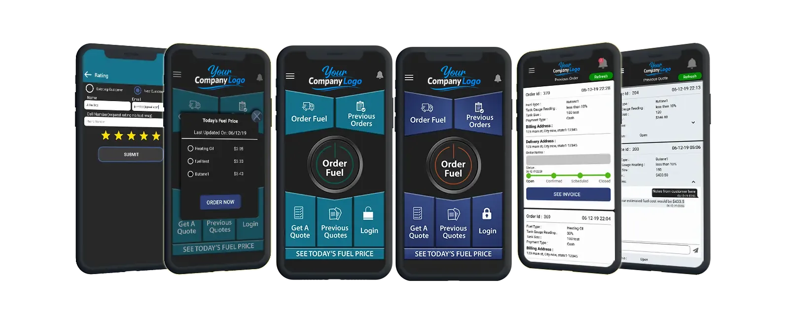 Verschiedene Bildschirme einer mobilen App für die Kraftstofflieferung