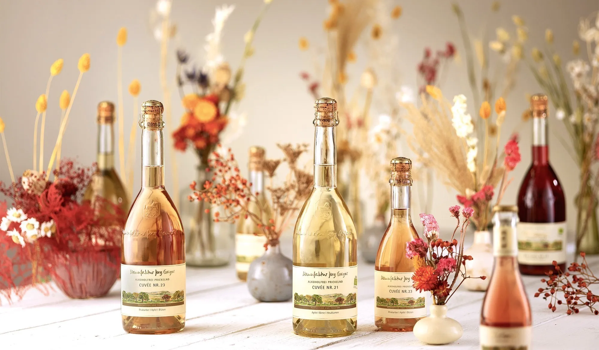 Verschiedene Flaschen PriSecco stehen nebeneinander in einer Reihe