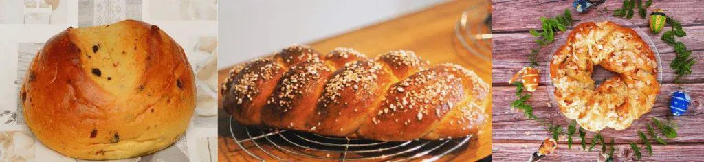 Verschiedene Formen von Osterbrot: rund, Zopf, Kranz