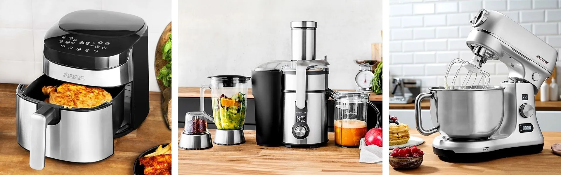 Vielfältige Gastroback Küchengeräte auf einer Arbeitsplatte