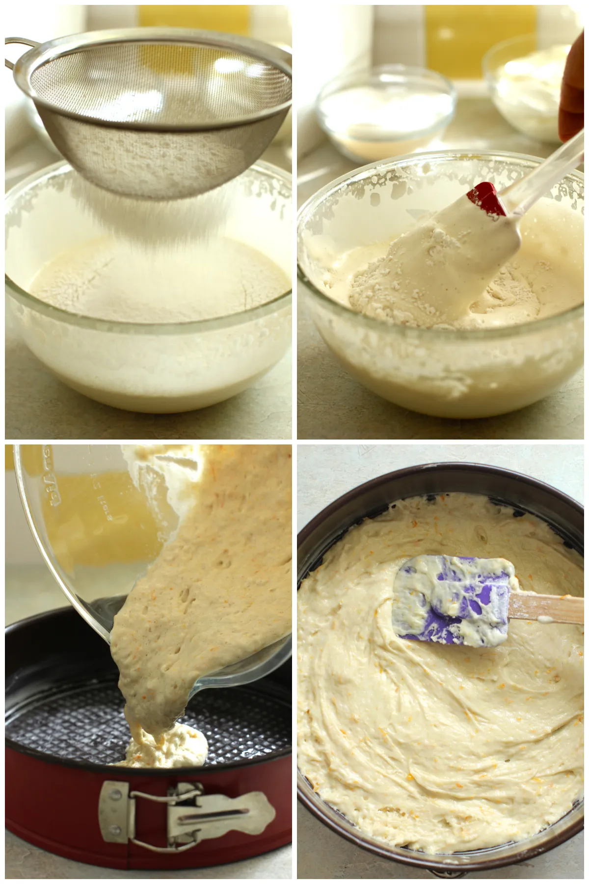 Vier Fotos: Mehl sieben, unterheben, Teig in Form gießen, Oberfläche glätten.