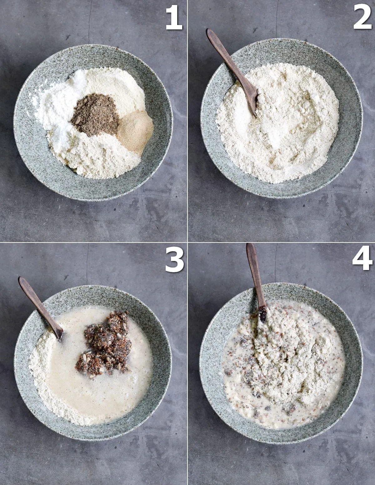 Vier Schritt-für-Schritt-Fotos zeigen den Prozess des Mischens des Teigs für Vollkornbrötchen