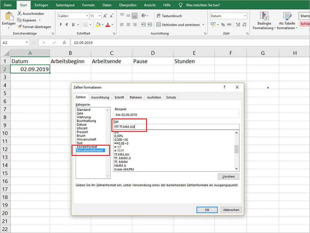 Zellenformatierung für das Datum in Excel