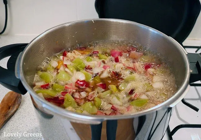 Zutaten für grünes Tomaten-Chutney in einem Topf