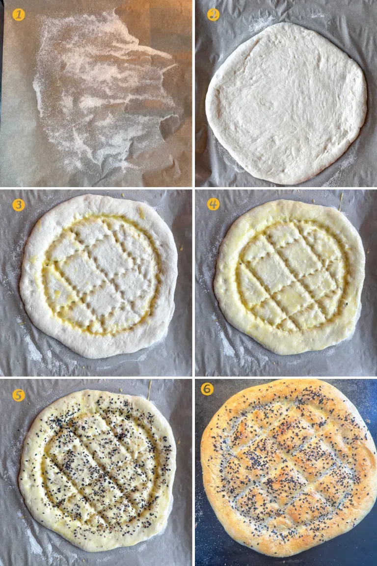 Zwei frisch gebackene türkische Fladenbrote, golden und fluffig, bestreut mit Sesam und Schwarzkümmel, bereit zum Servieren