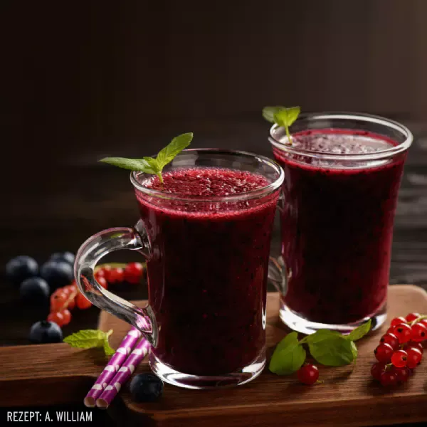 Zwei Gläser Brainshot mit Wildheidelbeeren und Kräutern