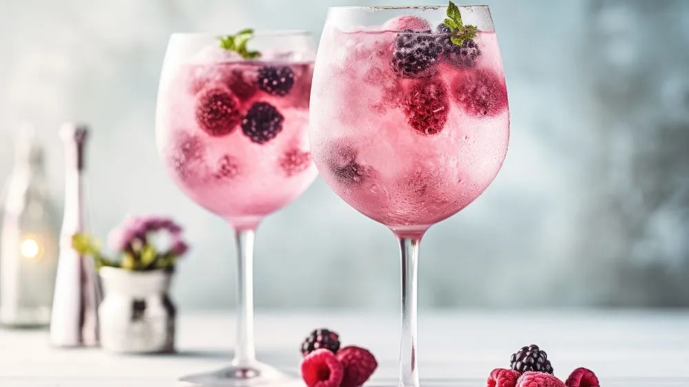 Zwei Gläser erfrischender Wildberry Lillet mit frischen Beeren und Minze garniert