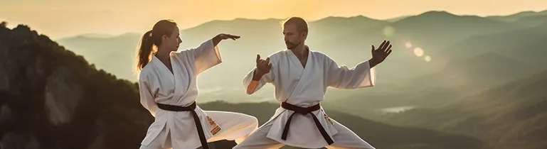 Zwei Personen praktizieren achtsame Bewegungen im Freien, symbolisch für Heilkünste wie Qigong