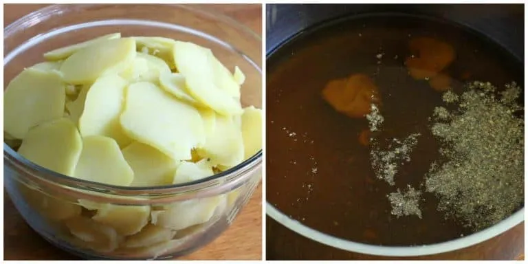 Zwiebeln, Brühe, Essig und Gewürze werden in einem Topf erhitzt